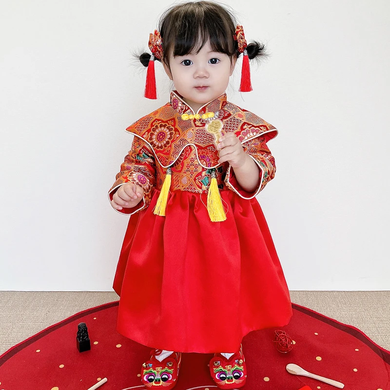 【现货】一岁抓周周岁礼服女宝宝童秋冬加绒唐装中式生日宴会拜年服