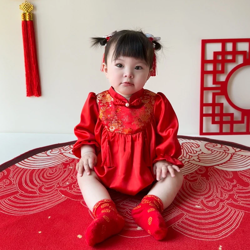 【现货】宝宝中国风周岁礼服女宝宝夏季包屁衣服抓周宴百天满月喜
