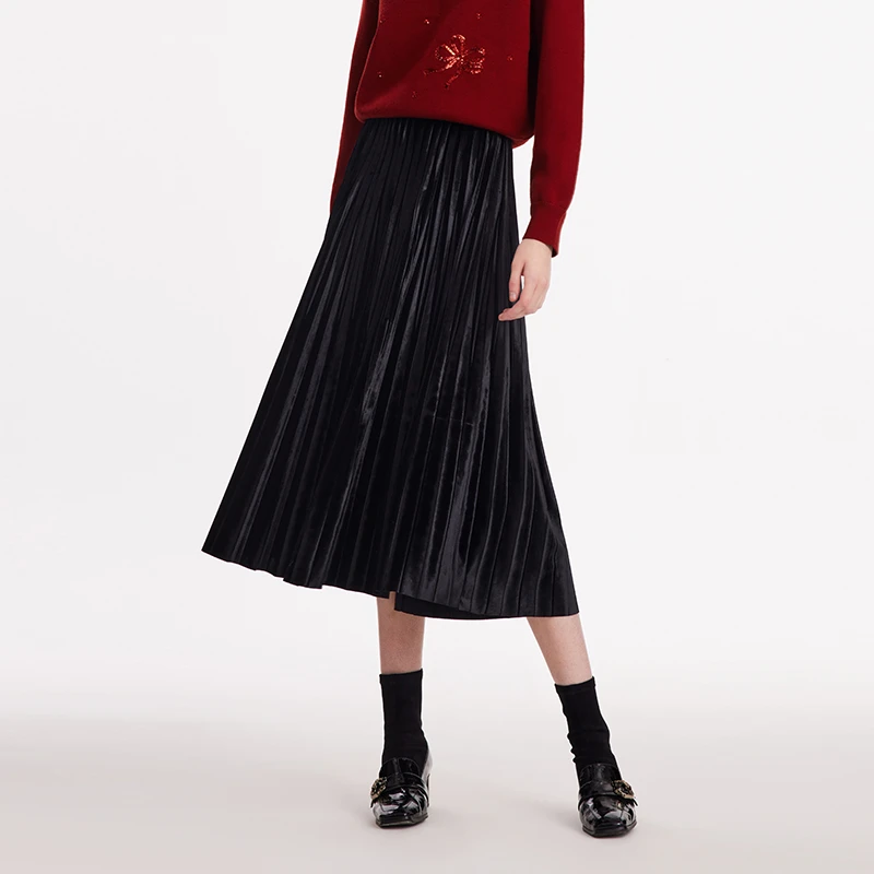 歌莉娅浪漫丝绒压褶半裙百搭显瘦高腰休闲黑色时尚1C1R2B050