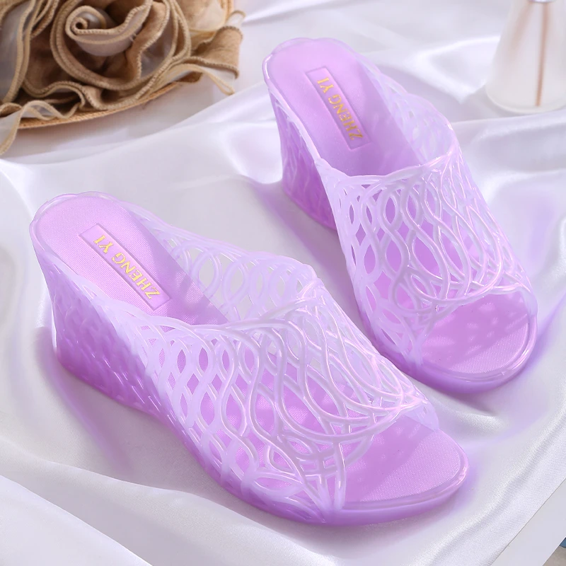 韩版夏季水晶塑料凉鞋果冻坡跟拖鞋妈妈坡跟洋气厚底凉拖鞋女外穿