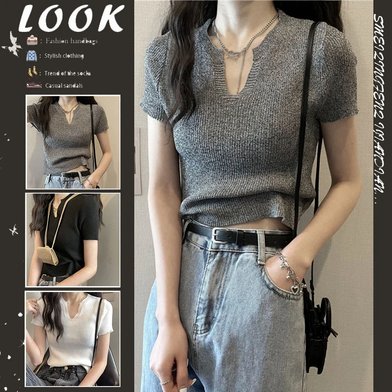 2023夏季新款薄款V领宽松短袖打底衫女简约套头针织衫空调衫T恤