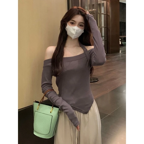 纯欲风不规则露肩上衣辣妹穿搭短款一字肩修身t恤女长袖春秋内搭
