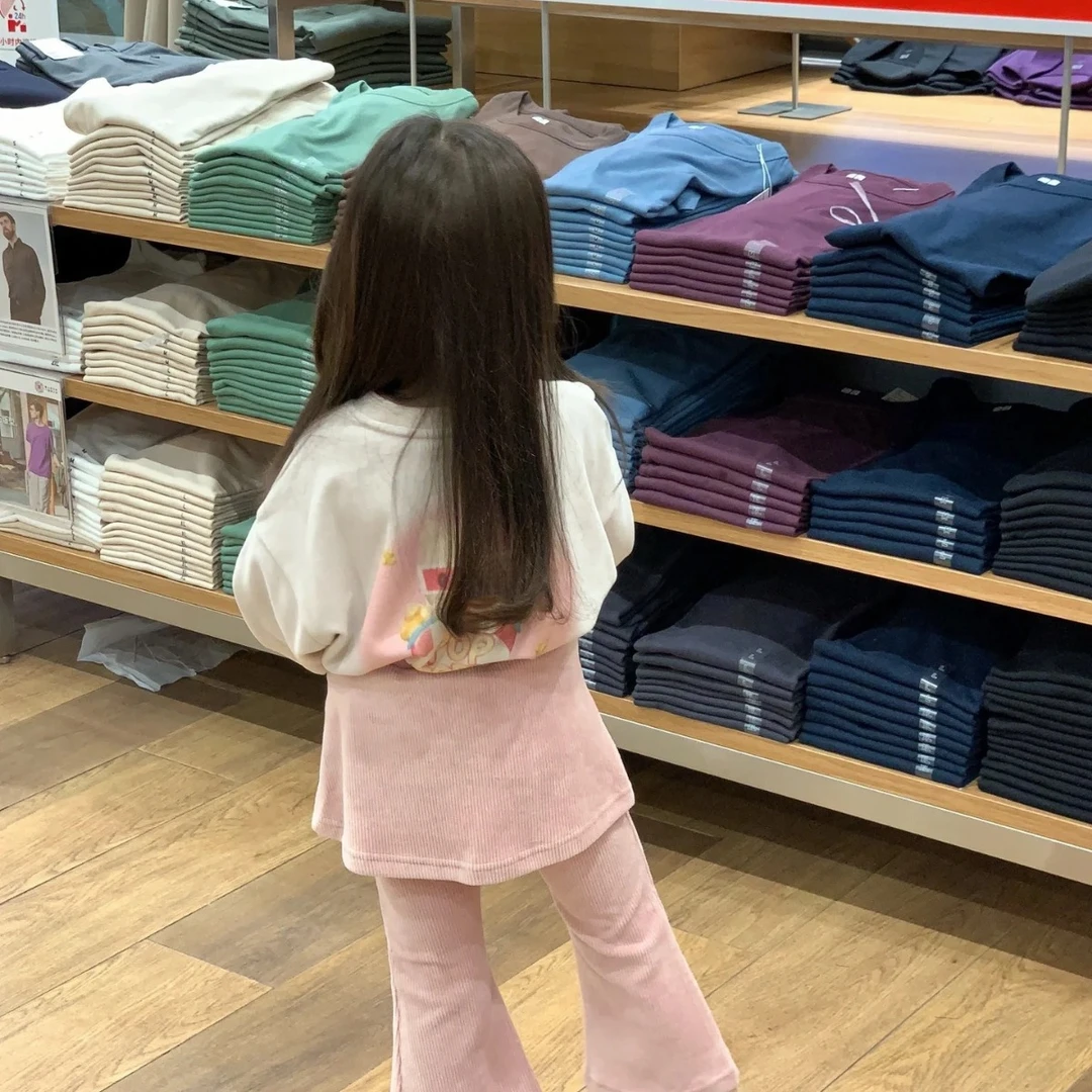 【傲童母婴】女宝春装甜美百搭卡通卫衣+粉色假两件喇叭裙裤两件套