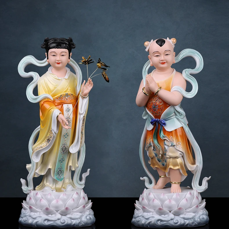 善财童子龙女树脂金童玉女观世音菩萨佛像左右童男童女家用摆件