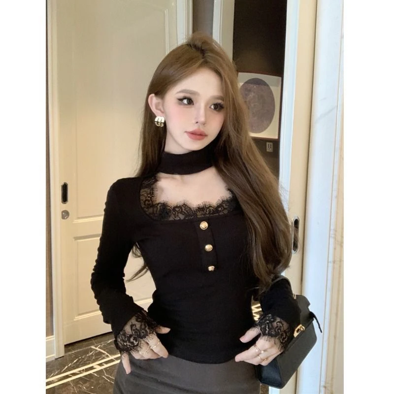 法式气质名媛高级感女生秋冬百搭修身显瘦长袖蕾丝拼接短上衣T恤