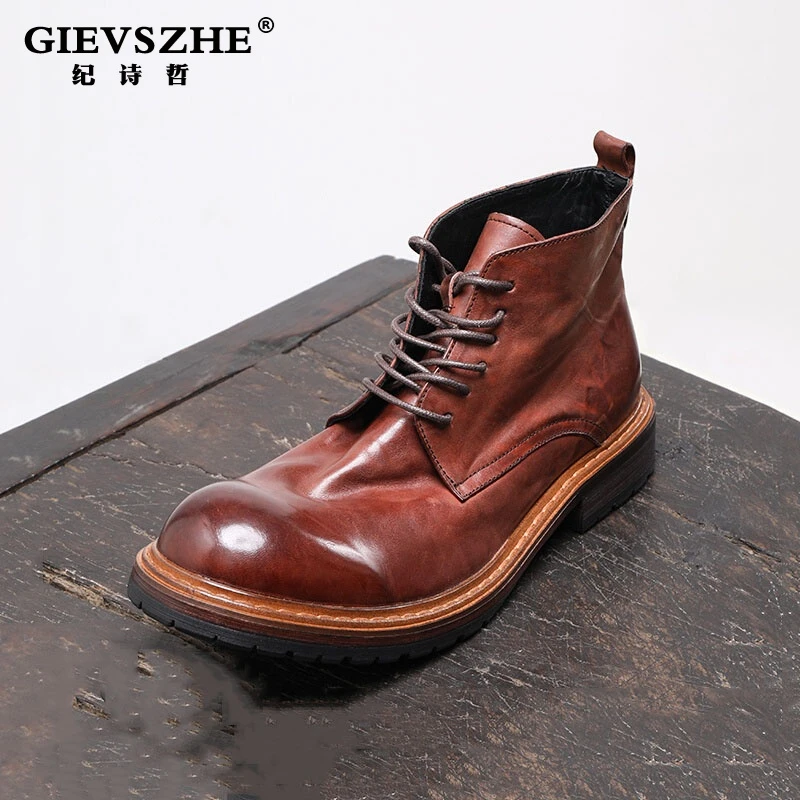 GIEVSZHE/纪诗哲新款马皮大头厚底高帮手工马丁靴男英伦复古潮流