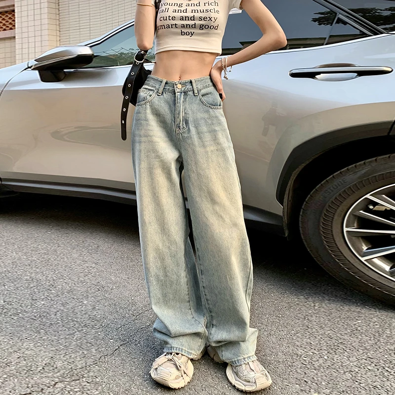 水洗蓝高腰阔腿牛仔裤女2024夏季新款小众高街宽松显瘦垂感拖地裤