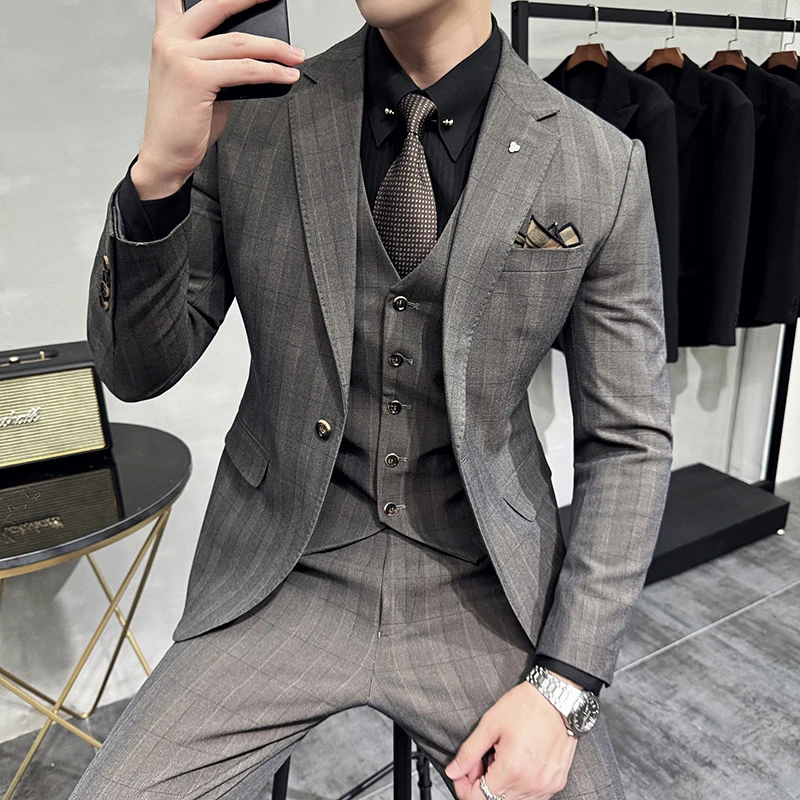 高档总裁明星西服高级感色织格纹西服新郎结婚礼服格子西装三件套