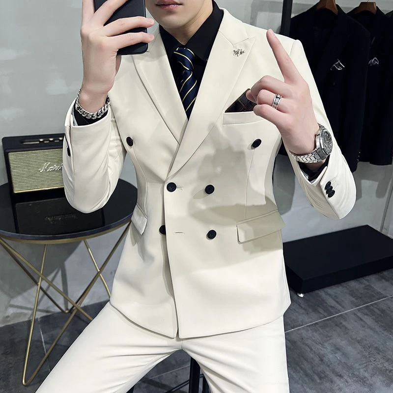 双排扣小西装男韩版修身休闲西服外套男士高级感新郎结婚礼服