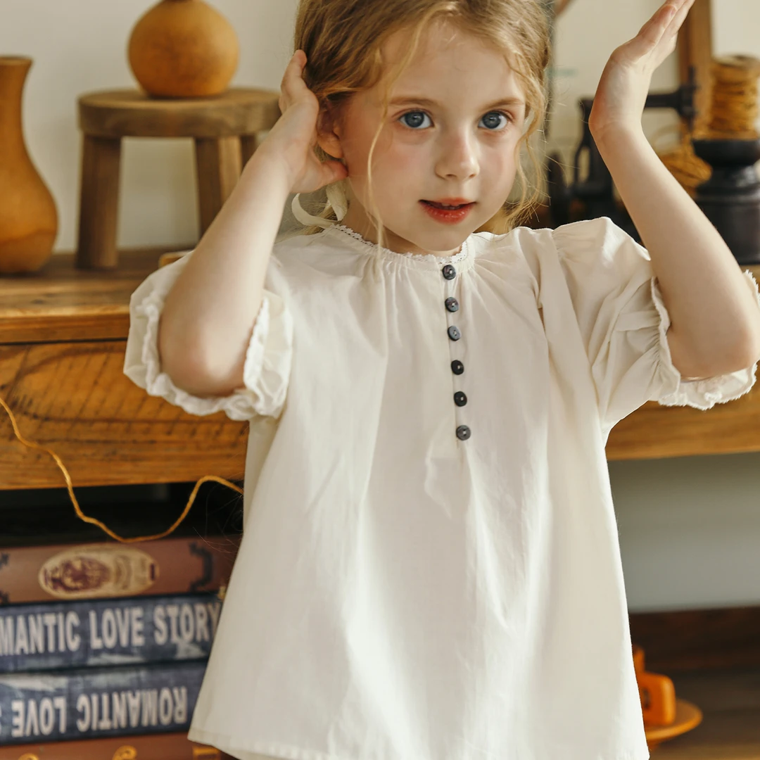 初煦 24夏季女童法式花边白衬衫纯棉短袖上衣/甜美杏色短袖衬衫