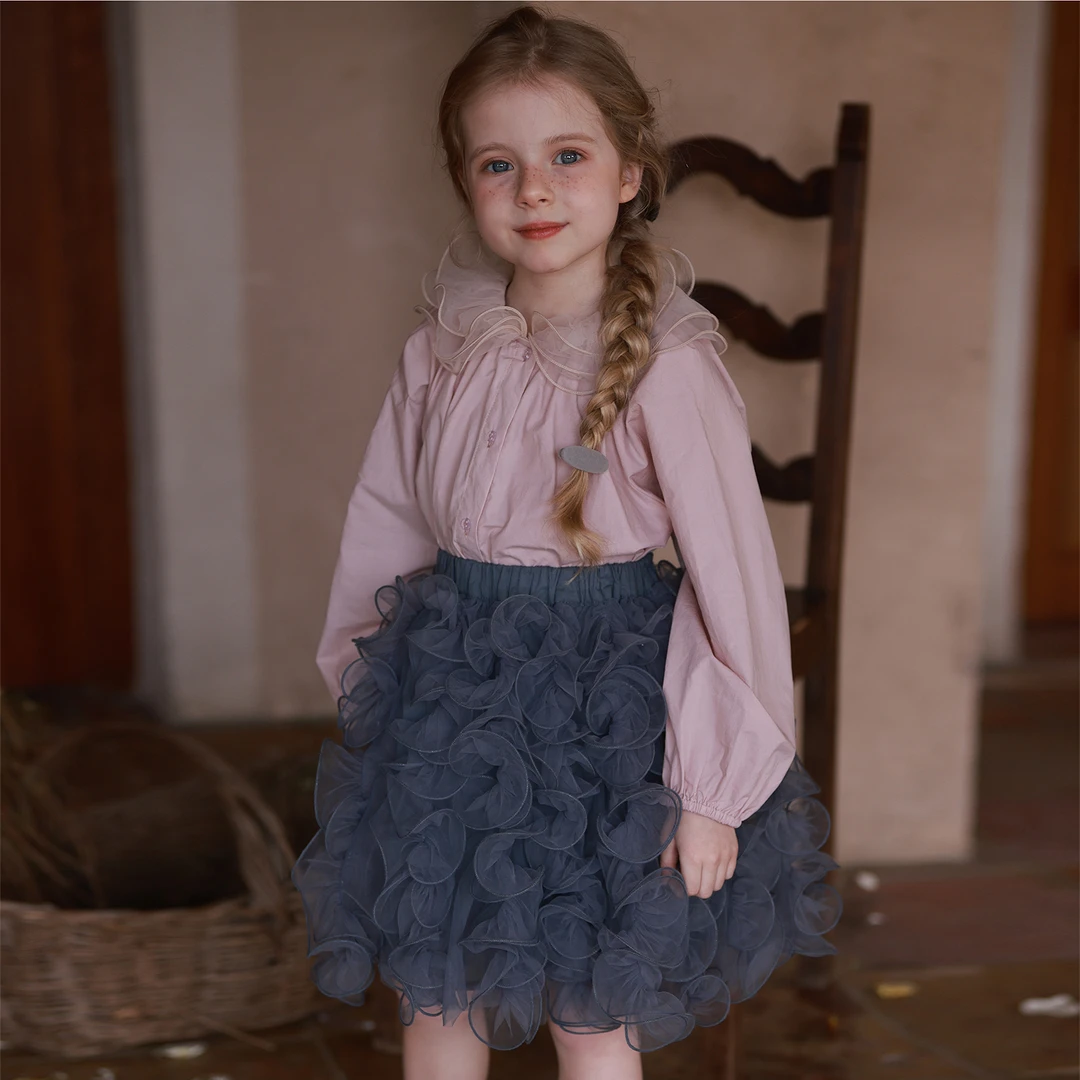 初煦 青苍春夏女童气质木耳领花边衬衫长袖上衣 花瓣网纱半身裙