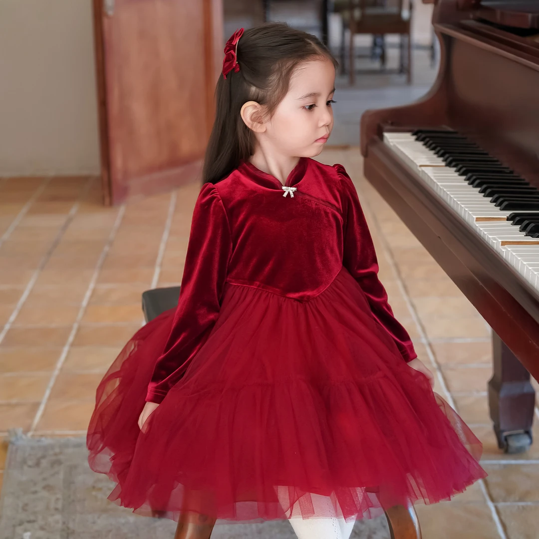 初煦 女童进口丝绒蓬蓬连衣裙2024秋冬洋气礼服裙女宝周岁服年服
