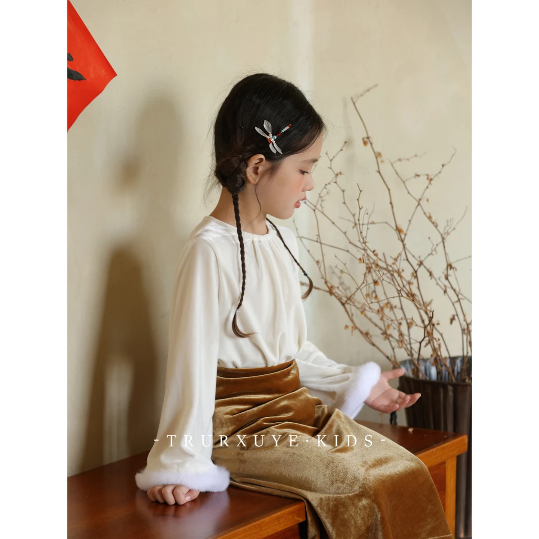 初煦 女童丝绒鱼尾裙仿真丝绒上衣 女宝宝秋冬A字半裙松紧腰长裙