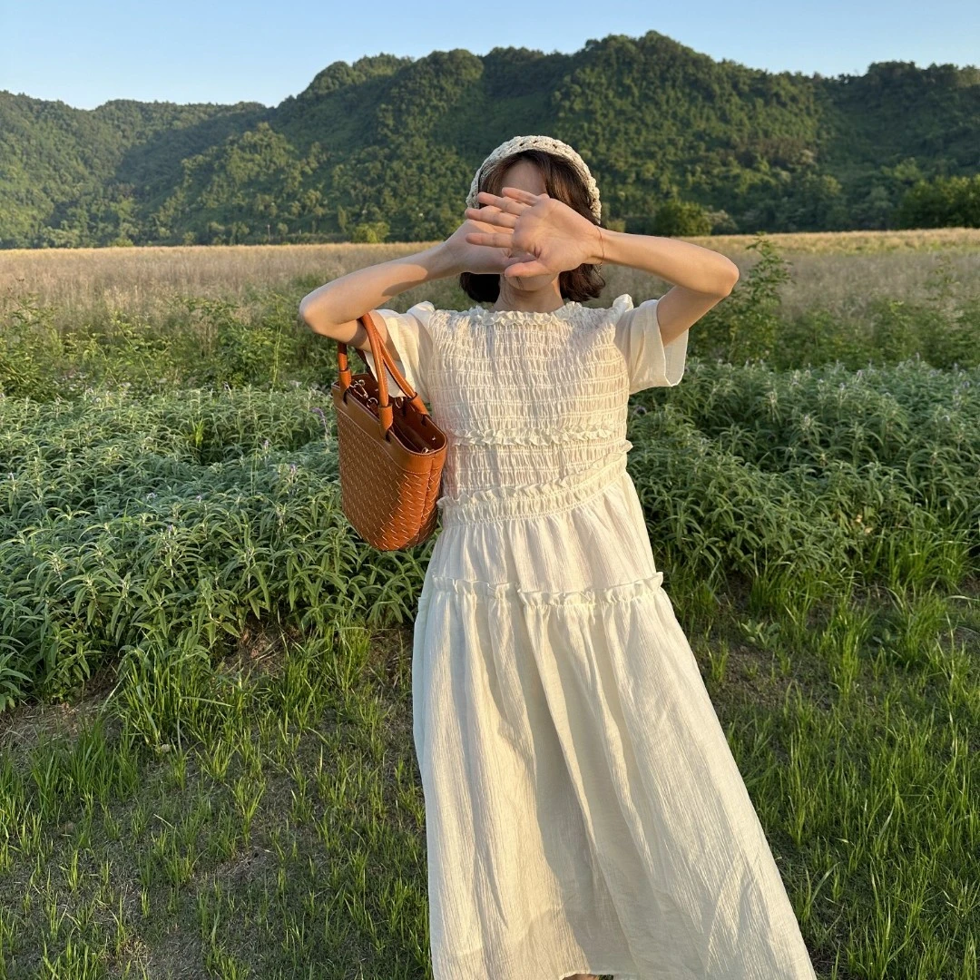 【一四六yisiliu】小个子法式初恋不规则气质显瘦花边短袖连衣裙
