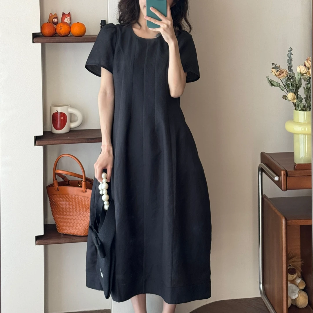 【一四六Yisiliu】小个子夏季高级感黑色短袖简约气质花苞裙连衣裙