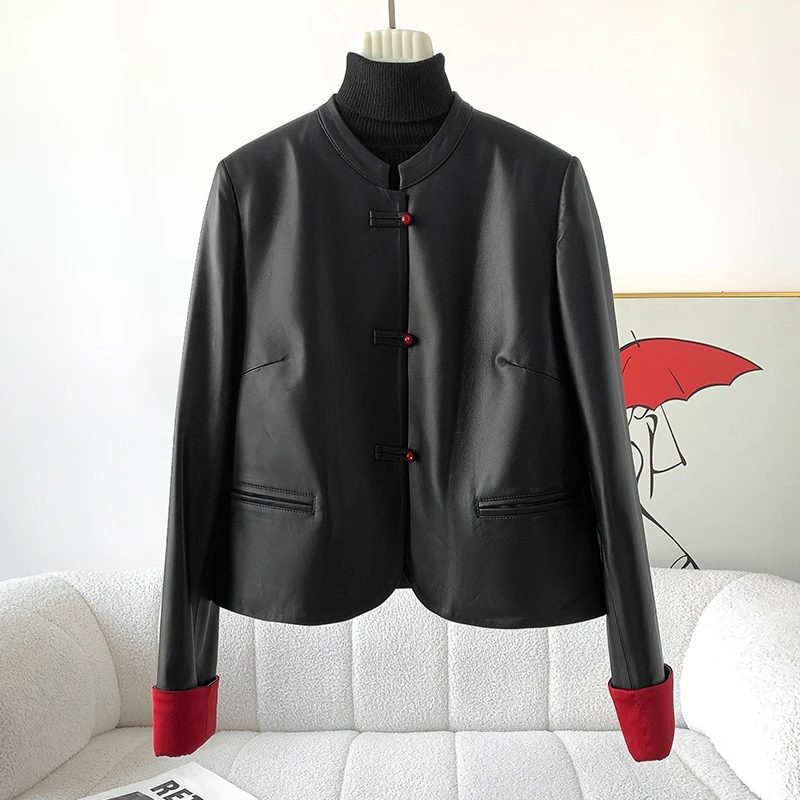 2024春季新款海宁真皮头层绵羊皮皮衣女国风中式立领单皮薄款外套