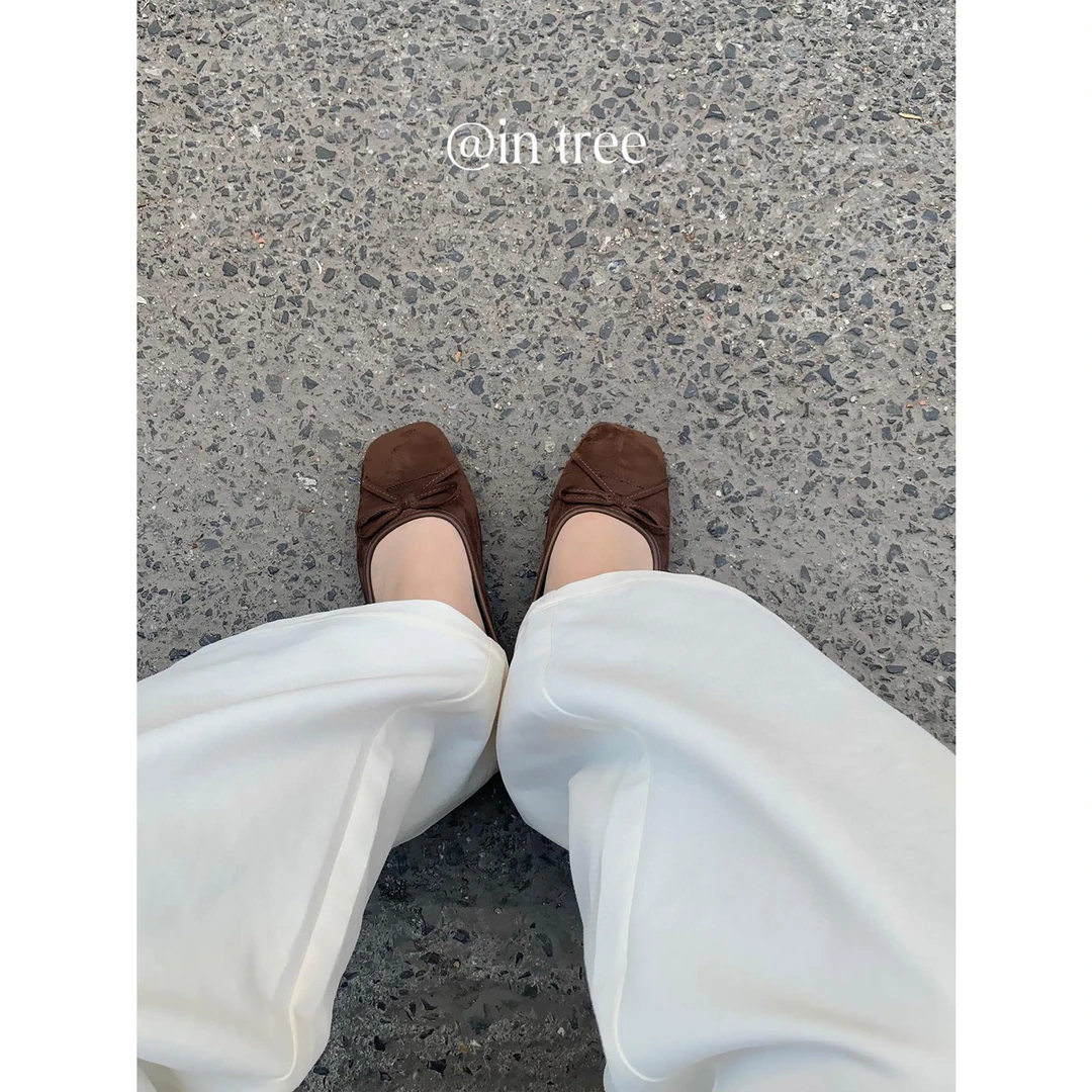 In Tree张桶桶【绒面芭蕾鞋】复古绒面方头蝴蝶结通勤单鞋ZX00025