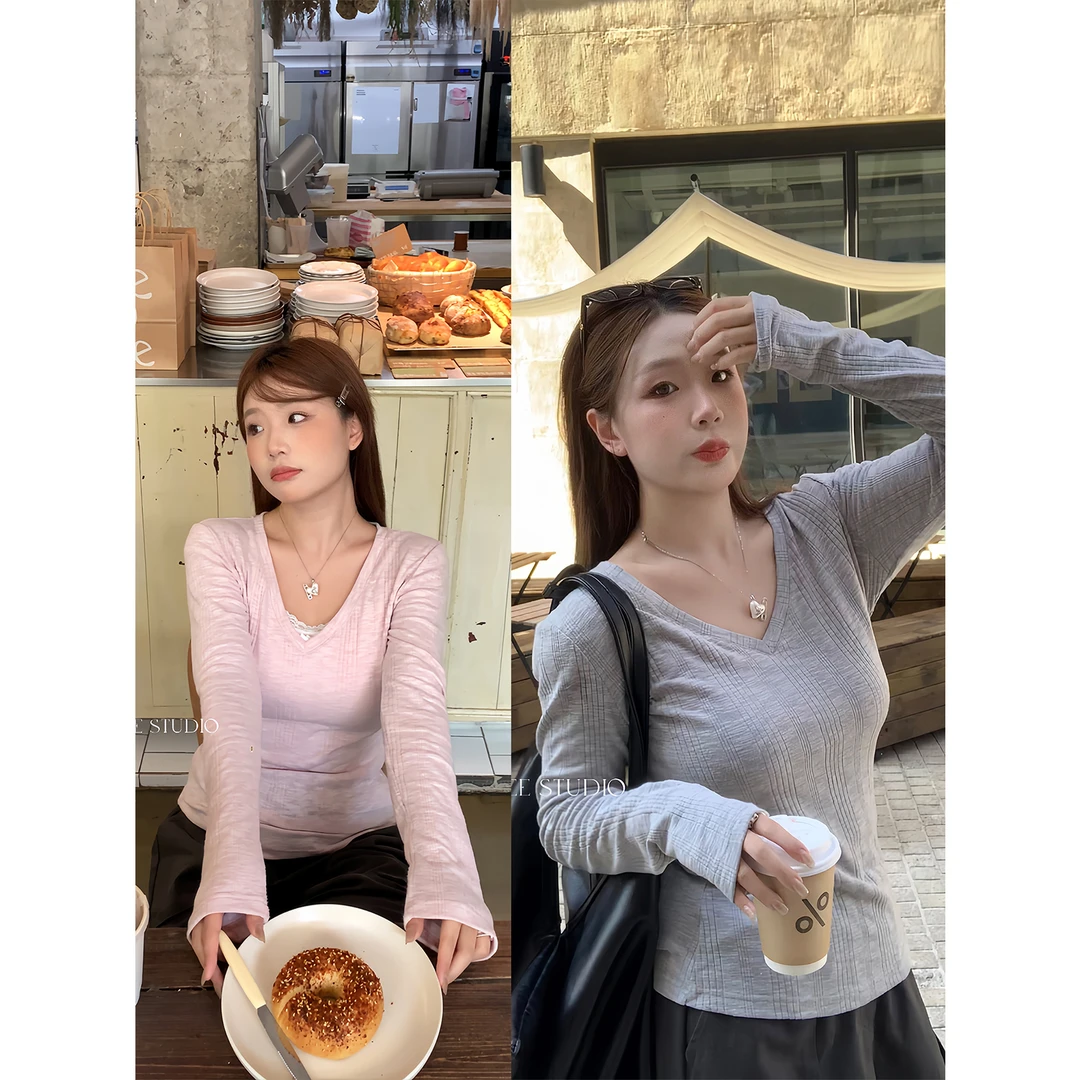 InTree张桶桶【百利甜酒】百搭V领打底修身针织上衣打底衫ZXD01489