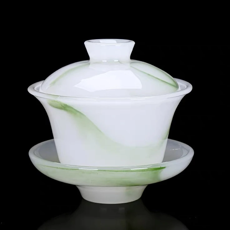 水墨琉璃盖碗茶杯家用翡翠绿功夫茶具三才泡茶碗八宝茶敬茶碗飘绿