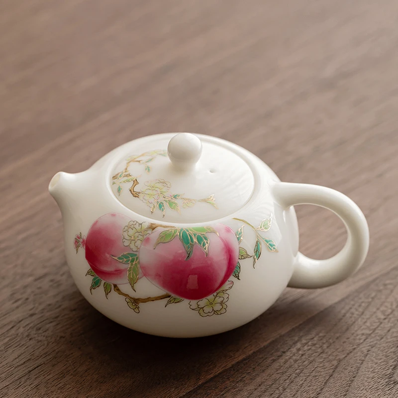 羊脂玉家用陶瓷茶壶大容量创意白瓷寿桃西施壶200CC