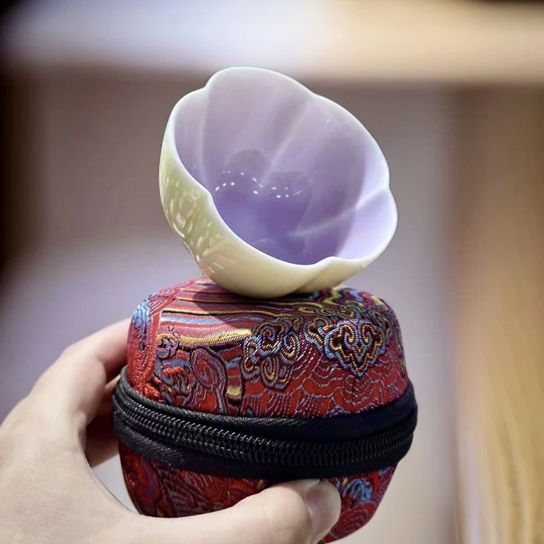 手工陶瓷茶杯香芋紫花瓣杯精美绿紫色釉双拼梅花主人杯带刺绣礼盒