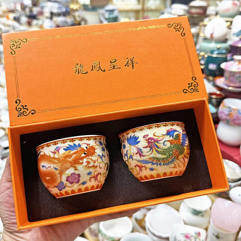 掐丝珐琅彩龙凤呈祥对杯礼盒装