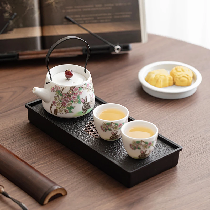 羊脂玉花前月下兔功夫茶具家用提梁一壶二杯中式泡茶壶茶杯套装
