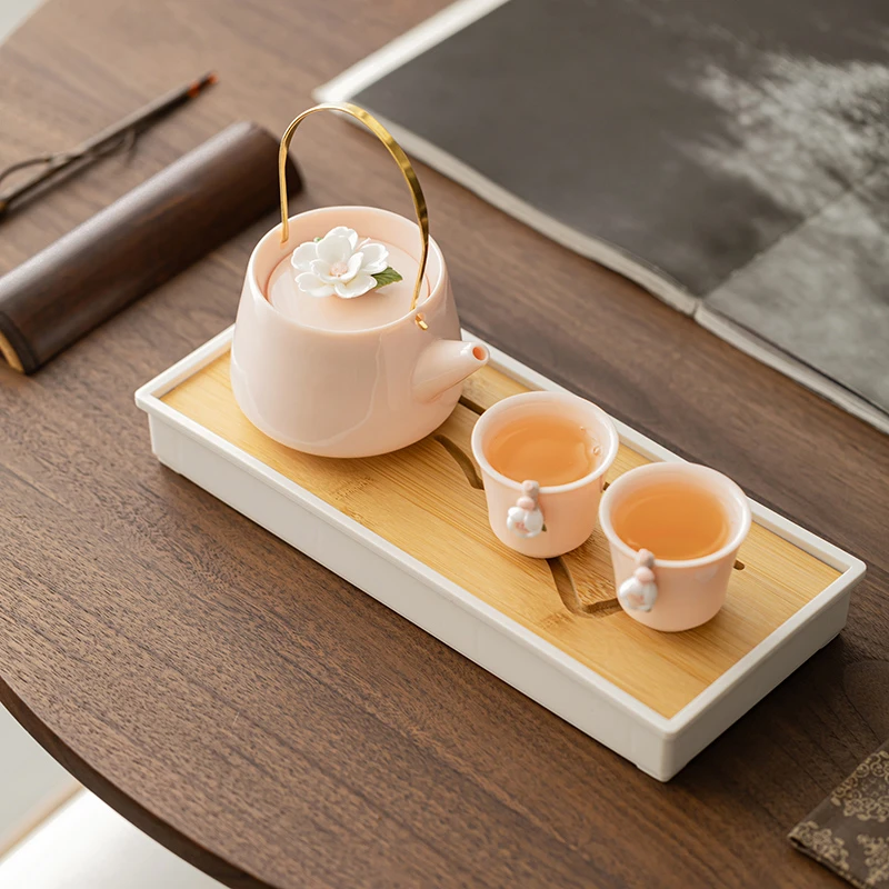 粉泥手工捏花女生提梁泡茶壶一壶两杯带茶盘功夫茶具茶杯