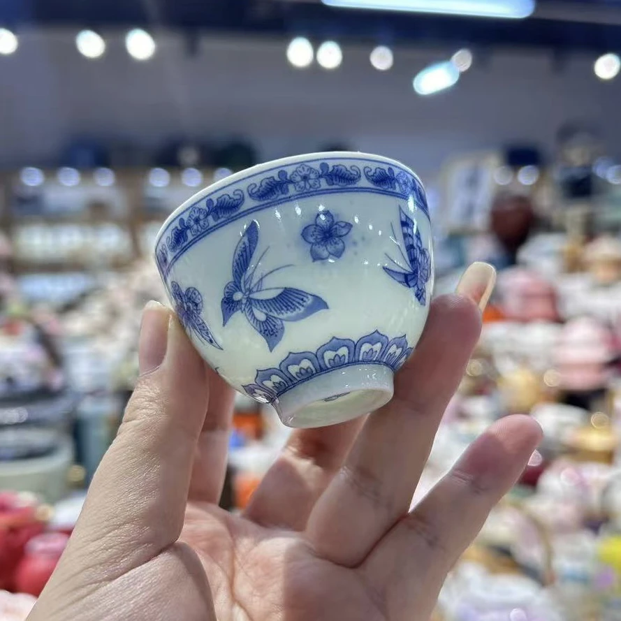陶瓷茶杯青花瓷釉下彩功夫茶具中式蝴蝶品茗杯