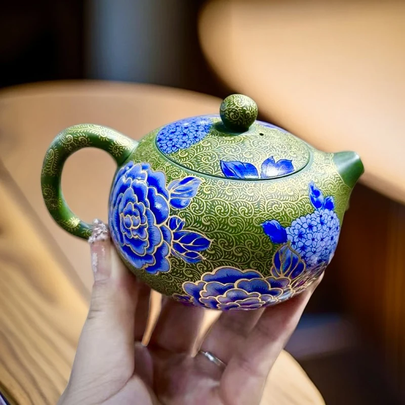 绿泥紫砂壶手工金丝绣球牡丹功夫泡茶壶200CC高端带礼盒