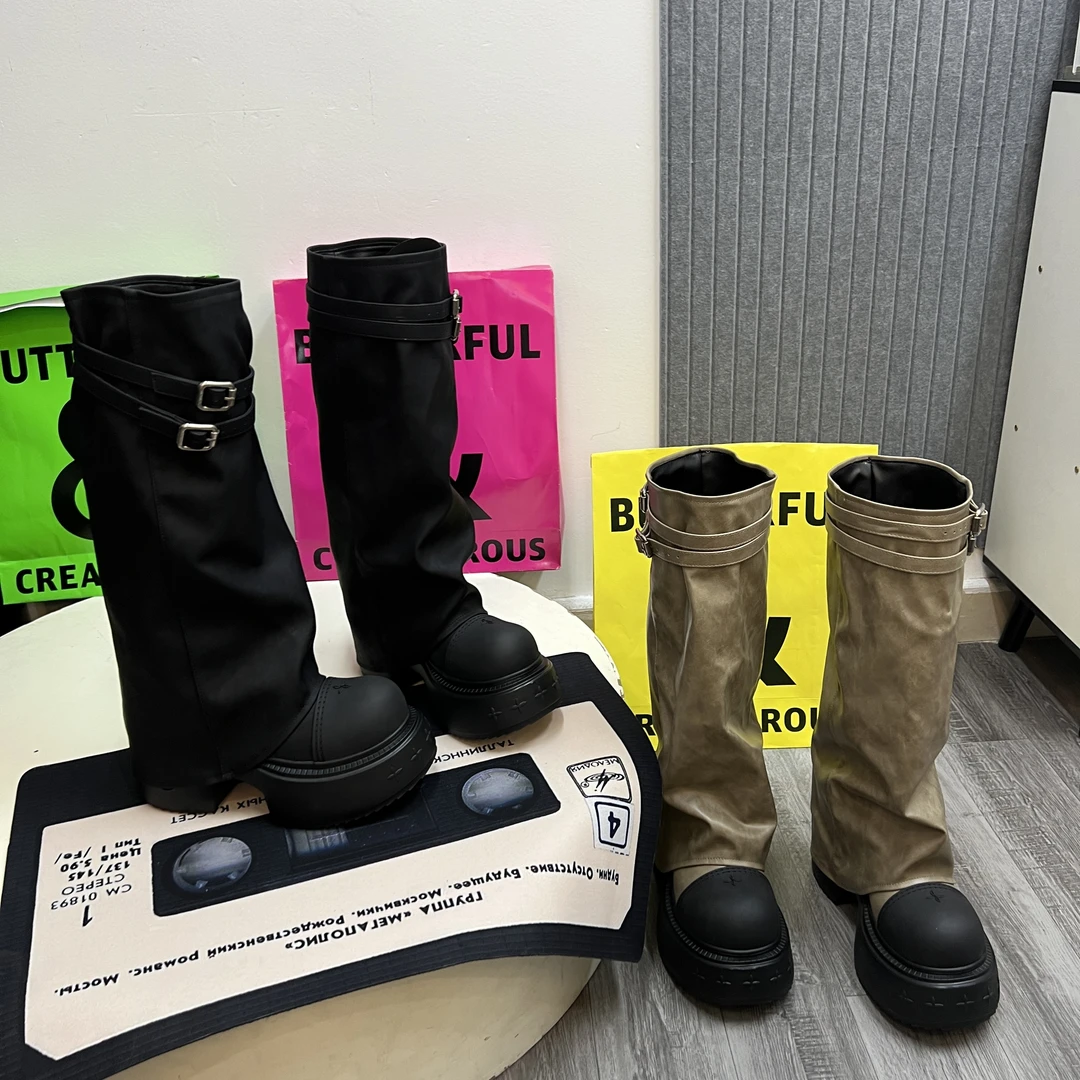 【飘飘】顶奢“十字裤管靴”时尚百搭英伦风厚底高筒过膝靴走秀新款