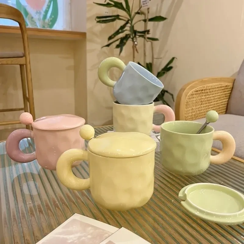 高颜值陶瓷手捏钻石纹马克杯带盖情侣杯