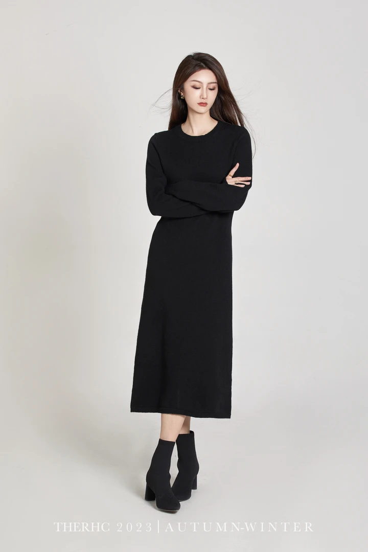 RHRN长款针织毛衣毛呢长袖针织衫气质白色打底宽松中长款纯色