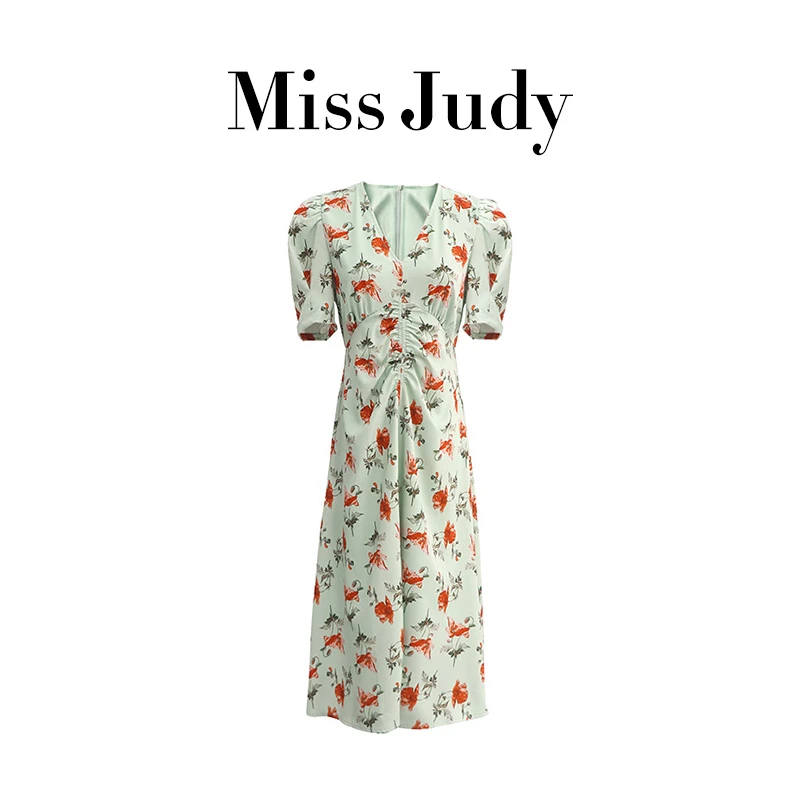 Miss Judy朱珠中长款法式泡泡袖连衣裙女时尚减龄裙子411