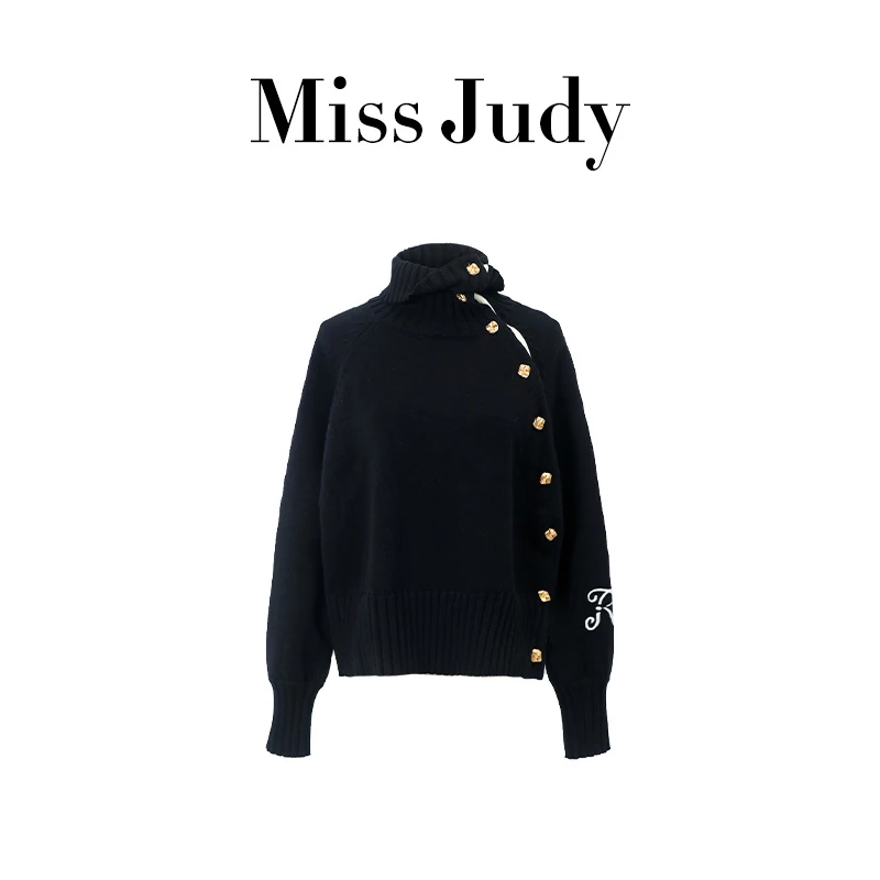Miss Judy赵小棠黑色学院风高领毛衣时尚减龄宽松上衣女秋冬1695