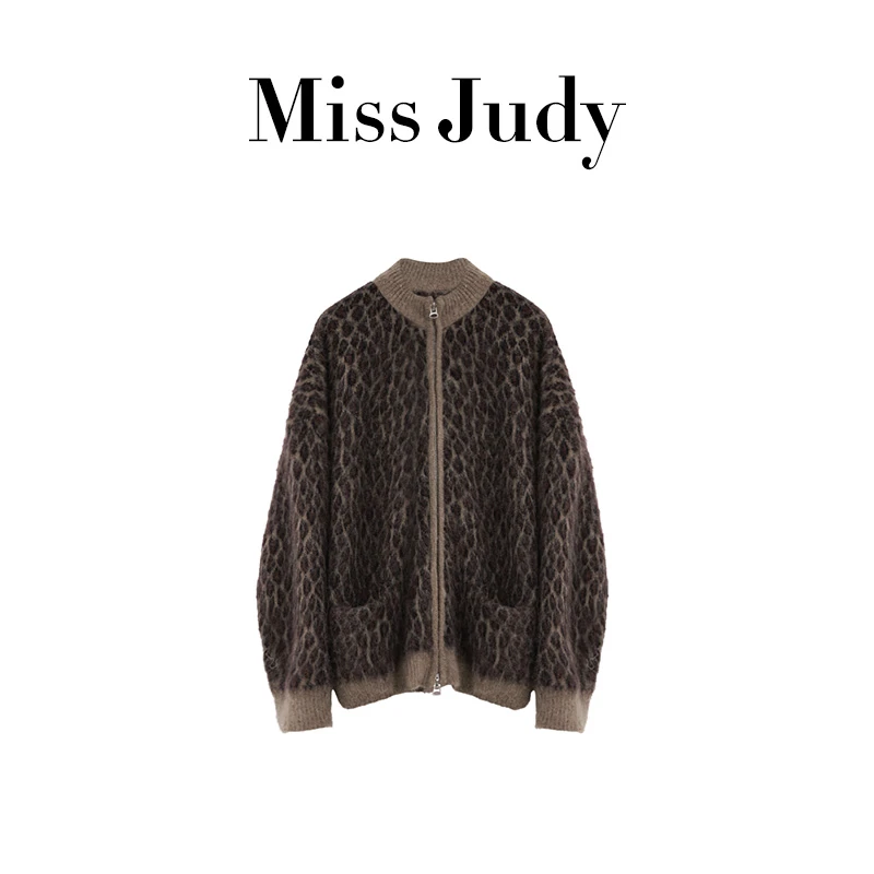 Miss Judy赵露思中长款豹纹秋冬季毛衣减龄宽松针织女士上衣5007