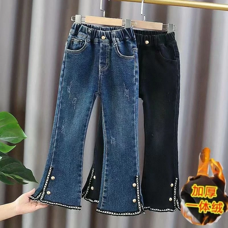 女童喇叭牛仔裤加绒秋冬2023新款春季中大童装洋气厚儿童微喇裤子