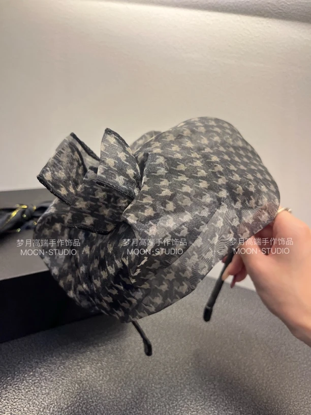 [梦月]透款千鸟格气质发帽宽边高颅顶复古气质百搭时尚手工发帽