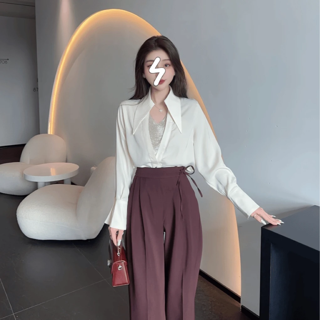 时尚轻奢气质洋气显瘦简约纯色长袖衬衫配百搭阔腿裤套装