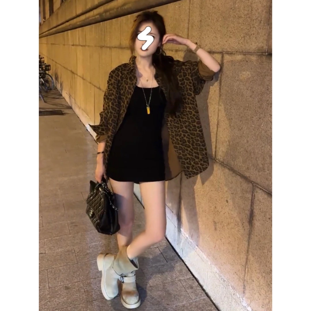 时尚气质辣妹复古休闲豹纹翻领长袖衬衫外套配显瘦百搭连衣短裙