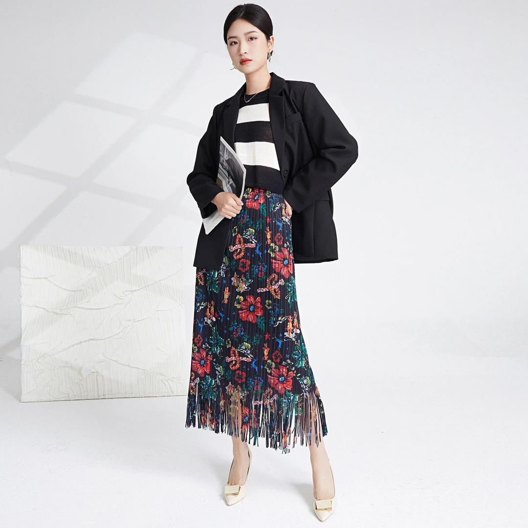 三宅小红书热卖爆款流苏百褶裙复古印花高腰显瘦百搭褶皱直筒裙潮