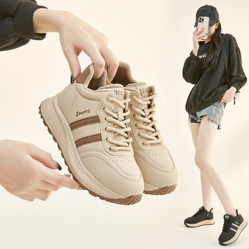 真皮阿甘鞋女冬季时尚百搭厚底加绒休闲运动板鞋保暖中帮韩版秋冬