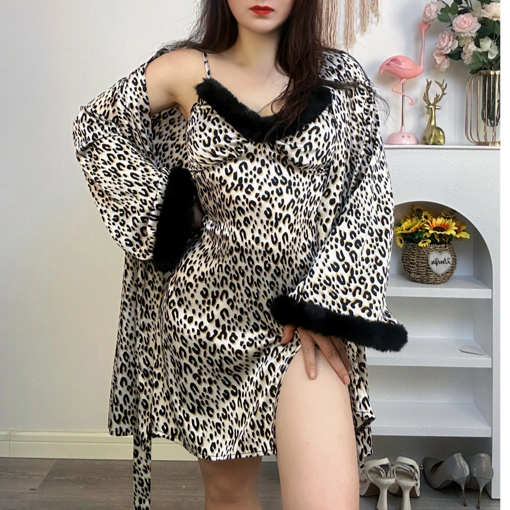 性感气质修身毛毛领睡裙亲肤透气缎面豹纹睡袍女士家居服长袖晨袍