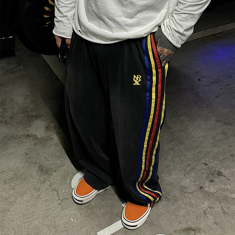 白鹤大人原创美式复古条纹直筒休闲裤秋季潮流百搭刺绣卫裤情侣款