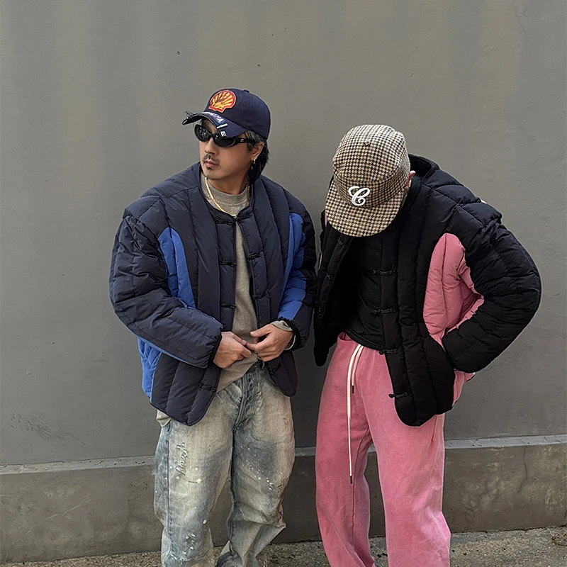 白鹤大人新中式排骨拼色冬季棉服情侣款潮牌撞色拼接廓形棉衣外套