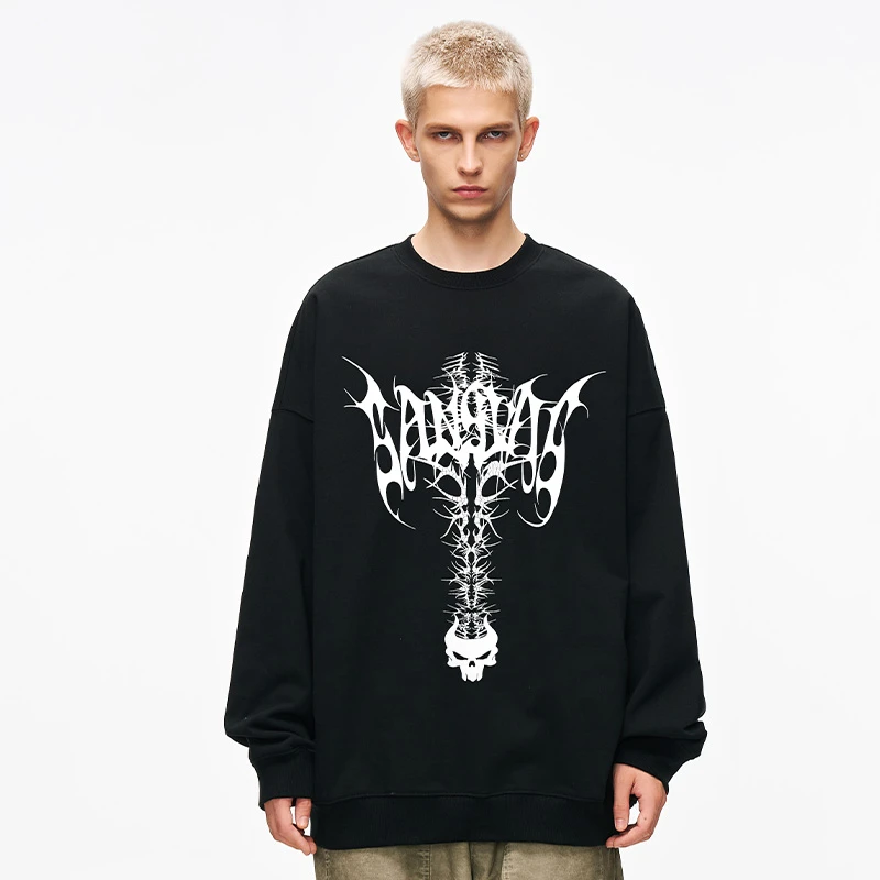 木村三社SANSYAS 哥特式印花圆领卫衣男秋冬美式高街宽松套头上衣