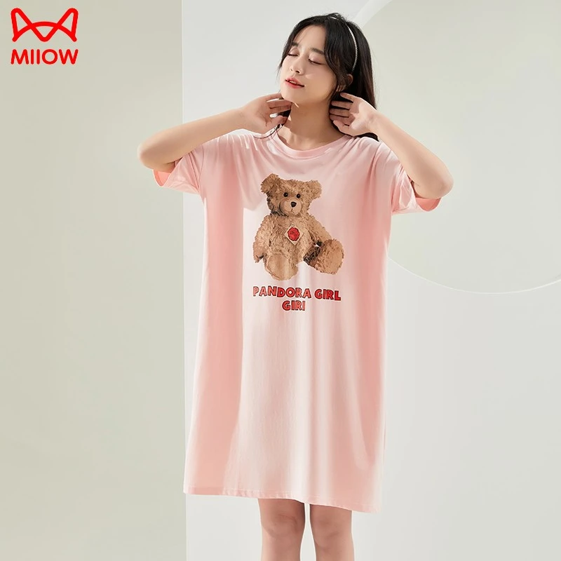 MiiOW/猫人春秋棉质卡通睡裙女短袖中长群新款宽松大码轻薄透气