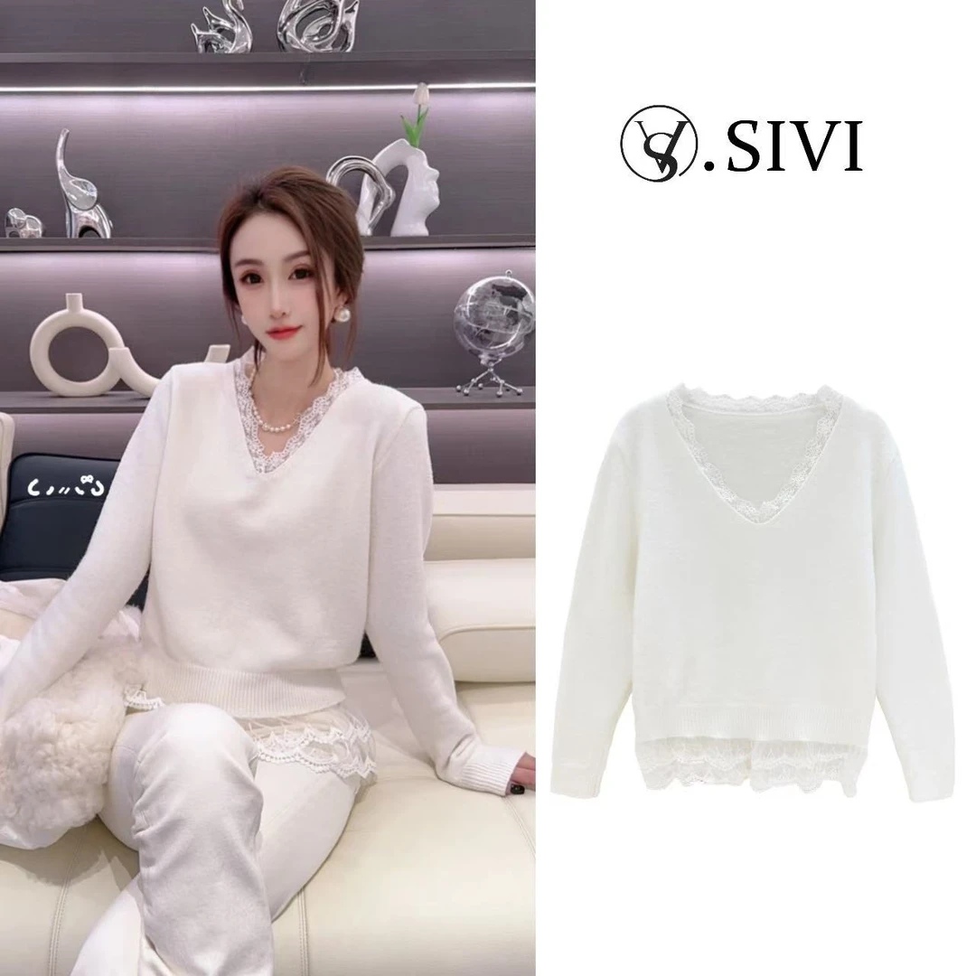 熙薇气质蕾丝毛衣【月白风清】冬季新款时尚轻奢上衣F6954