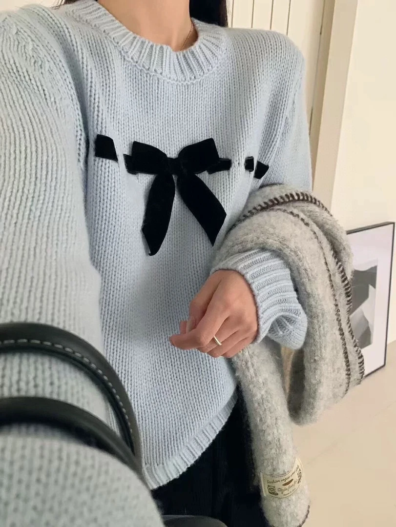 F·【蝴蝶飞】秋冬糖果色韩系氛围感温柔气质工艺款蝴蝶结毛衣
