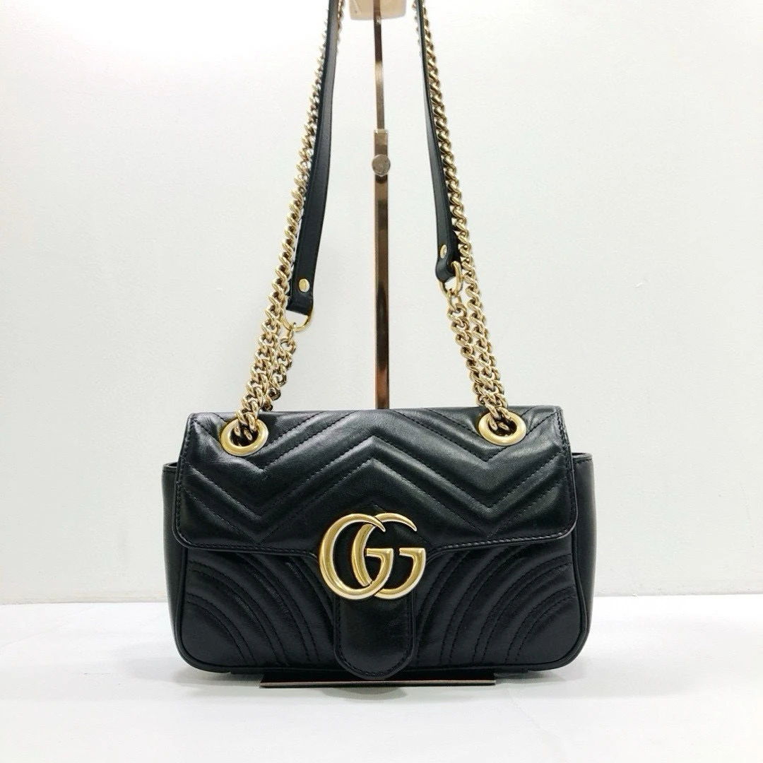 95新 GUCCI/古驰 双G全皮黑金马尔蒙22单肩斜挎包/公价18500